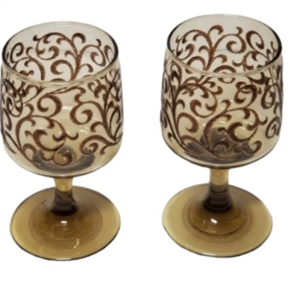 Vintage Prado Brown Libbey Glass Co Brown Raised Swirl Tawny Smoked Set‎ of 6